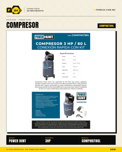 Compresor Eléctrico Power Hunt 80 L 3 HP — Doble Conexión Rápida + Kit Manguera y Pistola de Gravedad