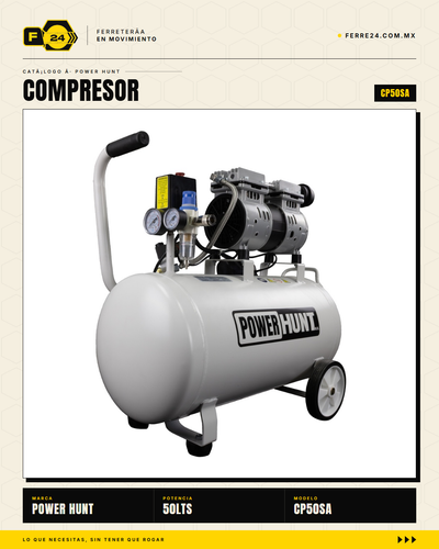 Compresor Power Hunt 50 L — Libre de Aceite, Doble Conexión Rápida