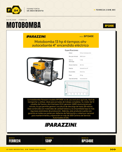 Motobomba Autocebante 13 HP 4" — Arranque Eléctrico