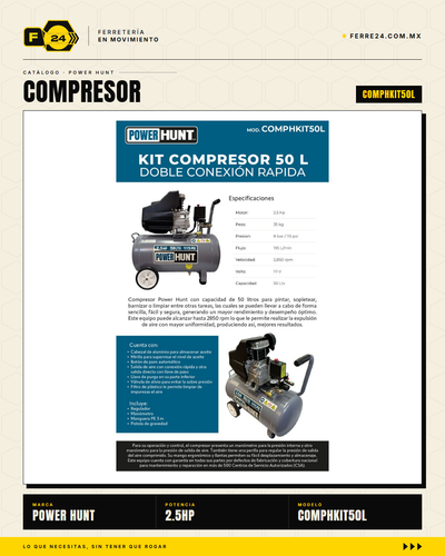 Compresor Power Hunt 2.5 HP 50 Lts — Kit Completo con Manguera y Pistola de Gravedad