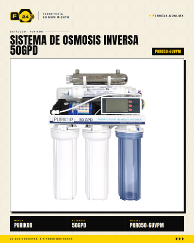 Purikor PKRO50-6UVPM — Ósmosis Inversa 50 GPD con 6 Etapas y UV