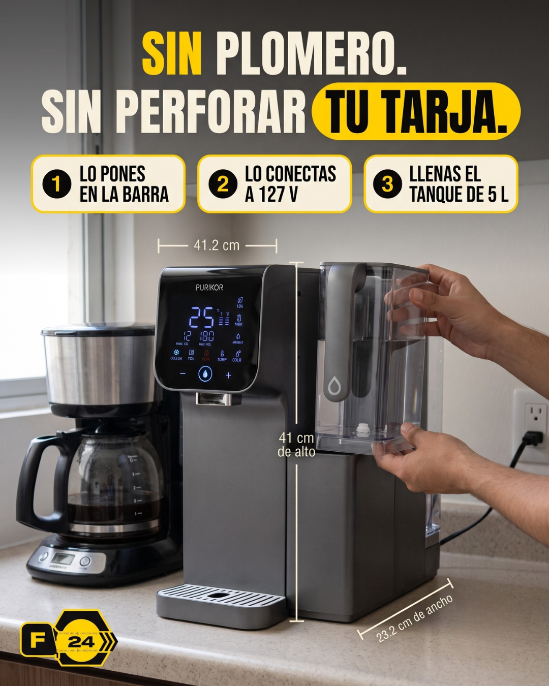 Sin plomero, sin perforar tu tarja — medidas del purificador PURIKOR