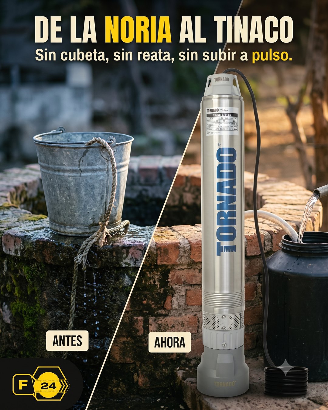 Comparación en un mismo cuadro: la cubeta y la reata sobre el brocal de la noria contra la bomba instalada llenando un tinaco.