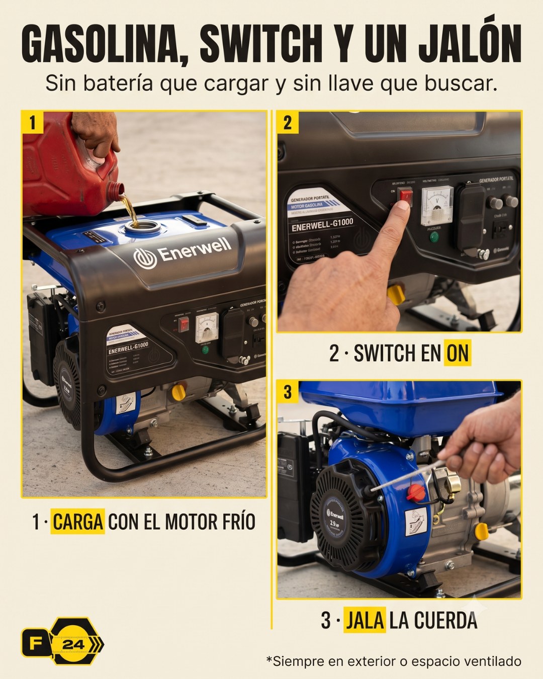 Secuencia de tres pasos: cargar combustible con el motor apagado, poner el switch en ON y jalar la cuerda del arrancador, y el foco encendiendo conectado al generador.