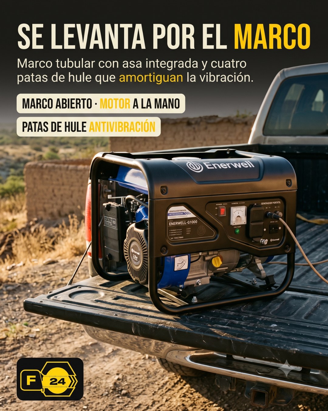 El generador con etiquetas numeradas señalando el marco tubular con asa, las patas de hule, la cubierta metálica del motor y el arrancador de cuerda.