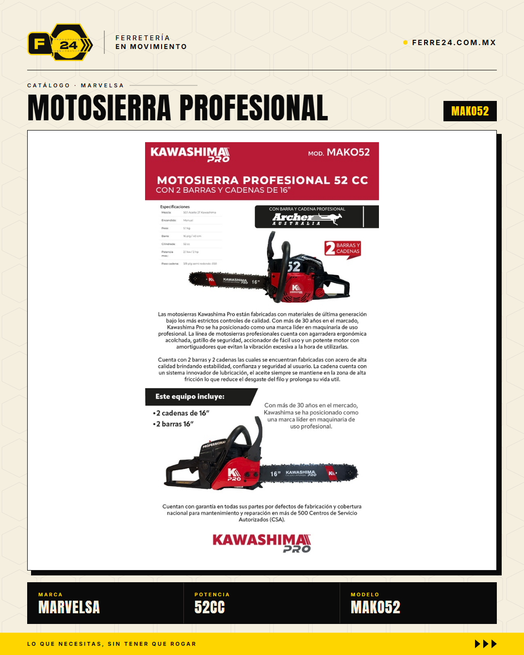 Motosierra Kawashima Pro 52cc — 2 Barras + 2 Cadenas Oregon Incluidas · hero_001
