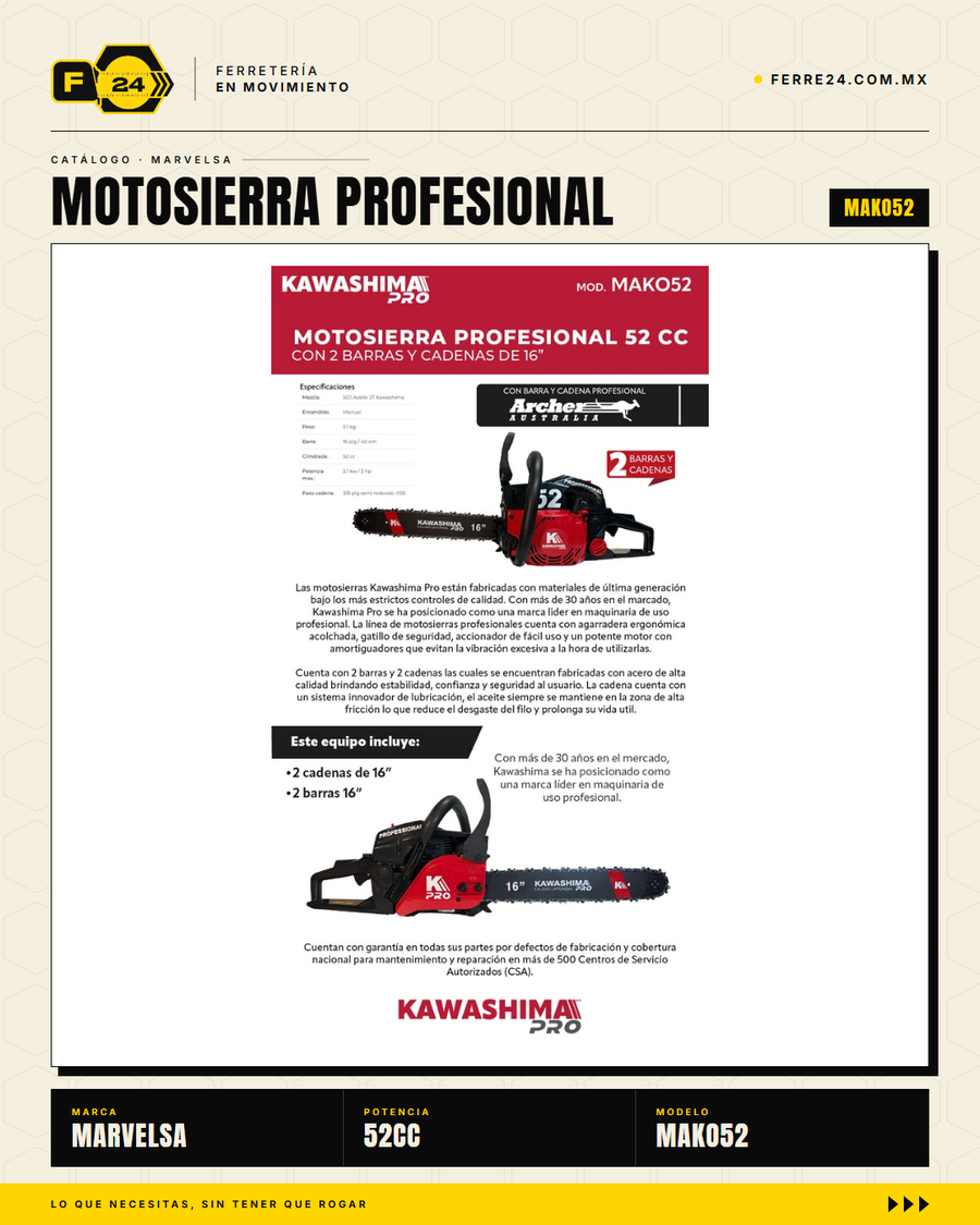 Motosierra Kawashima Pro 52cc — 2 Barras + 2 Cadenas Oregon Incluidas · hero_001