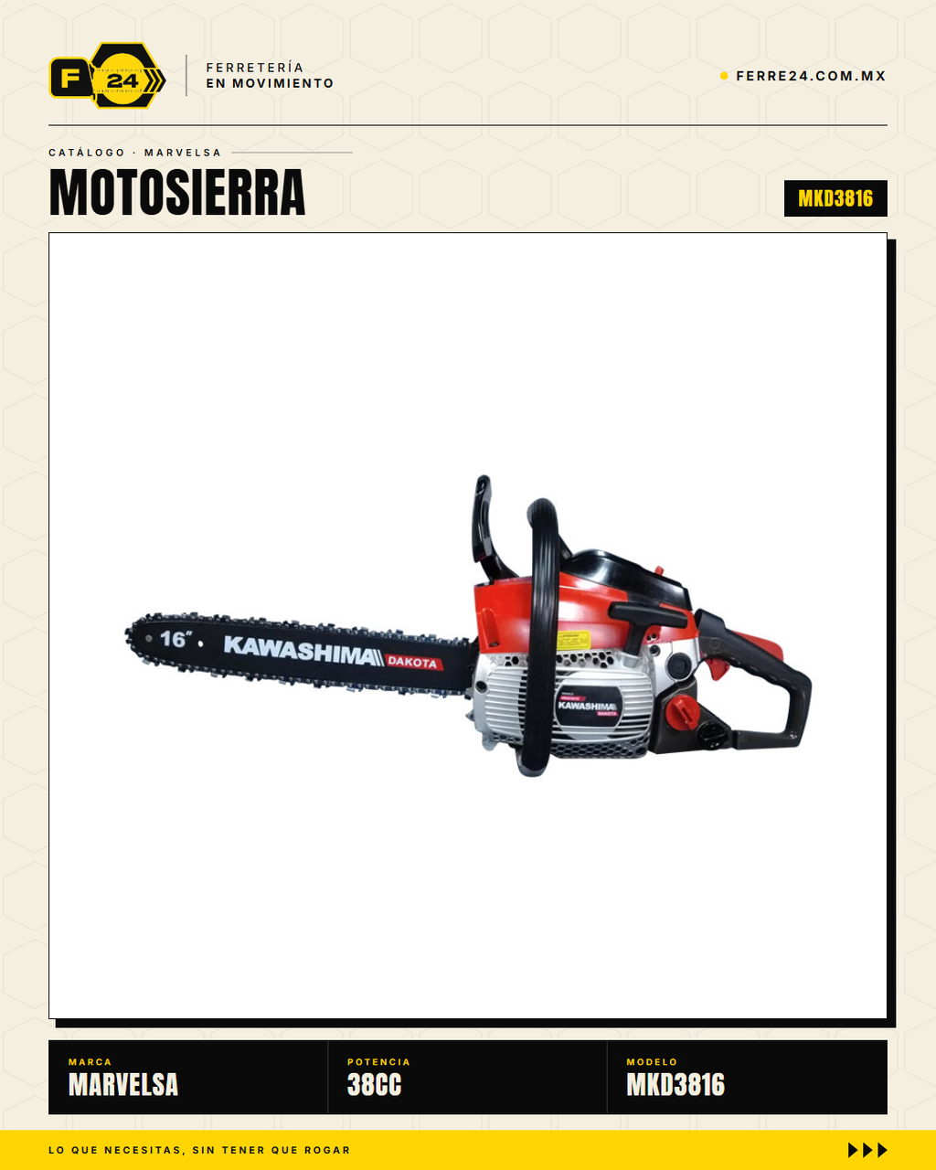 Motosierra Kawashima Dakota 38cc — Barra 16" con Kit Completo · hero_001