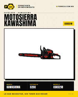 Motosierra Kawashima 52 cc — barra 18", motor 2T, auto-choke