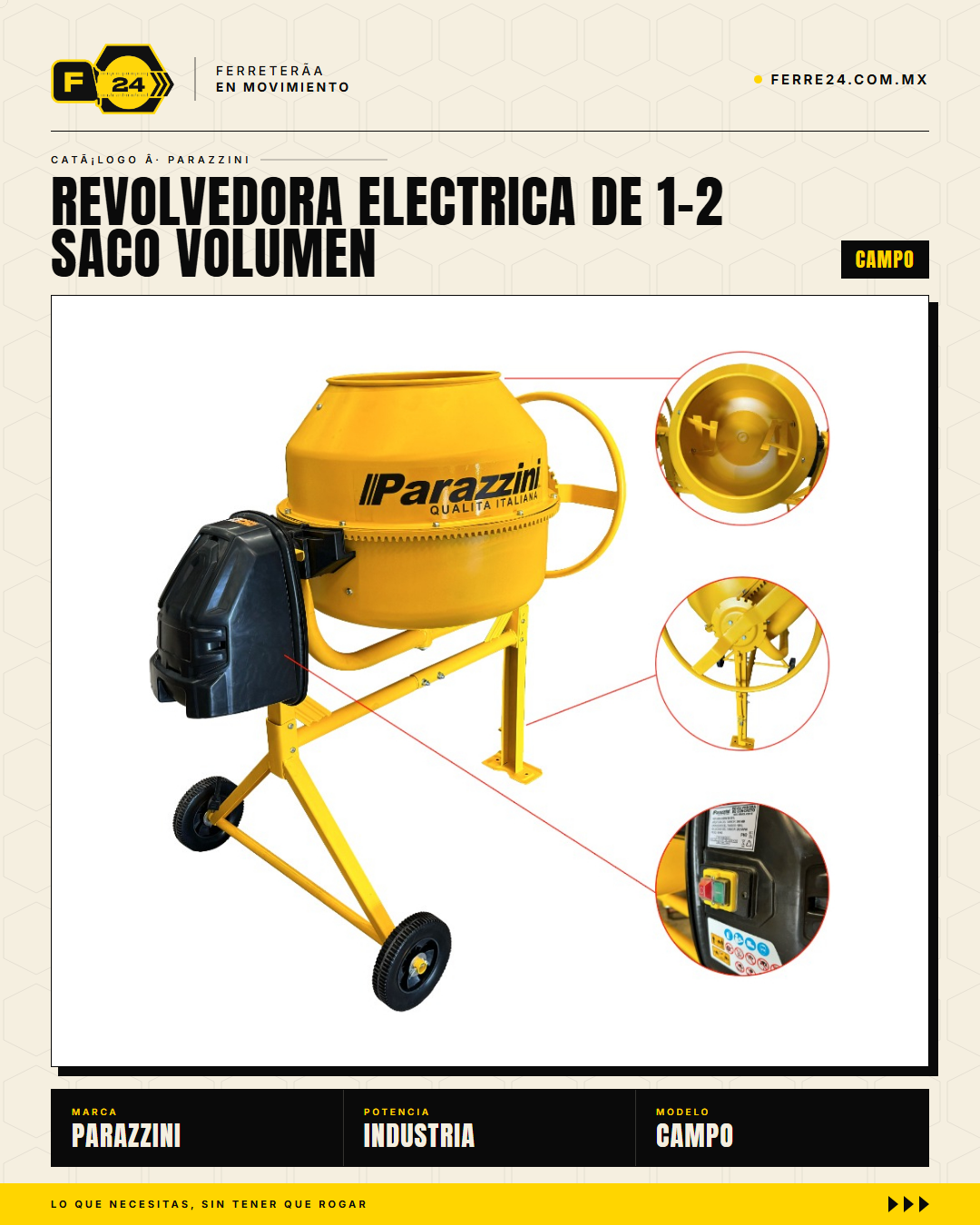 Revolvedora Eléctrica Parazzini 180 L — 650W, 110V, 1/2 Saco · hero_001