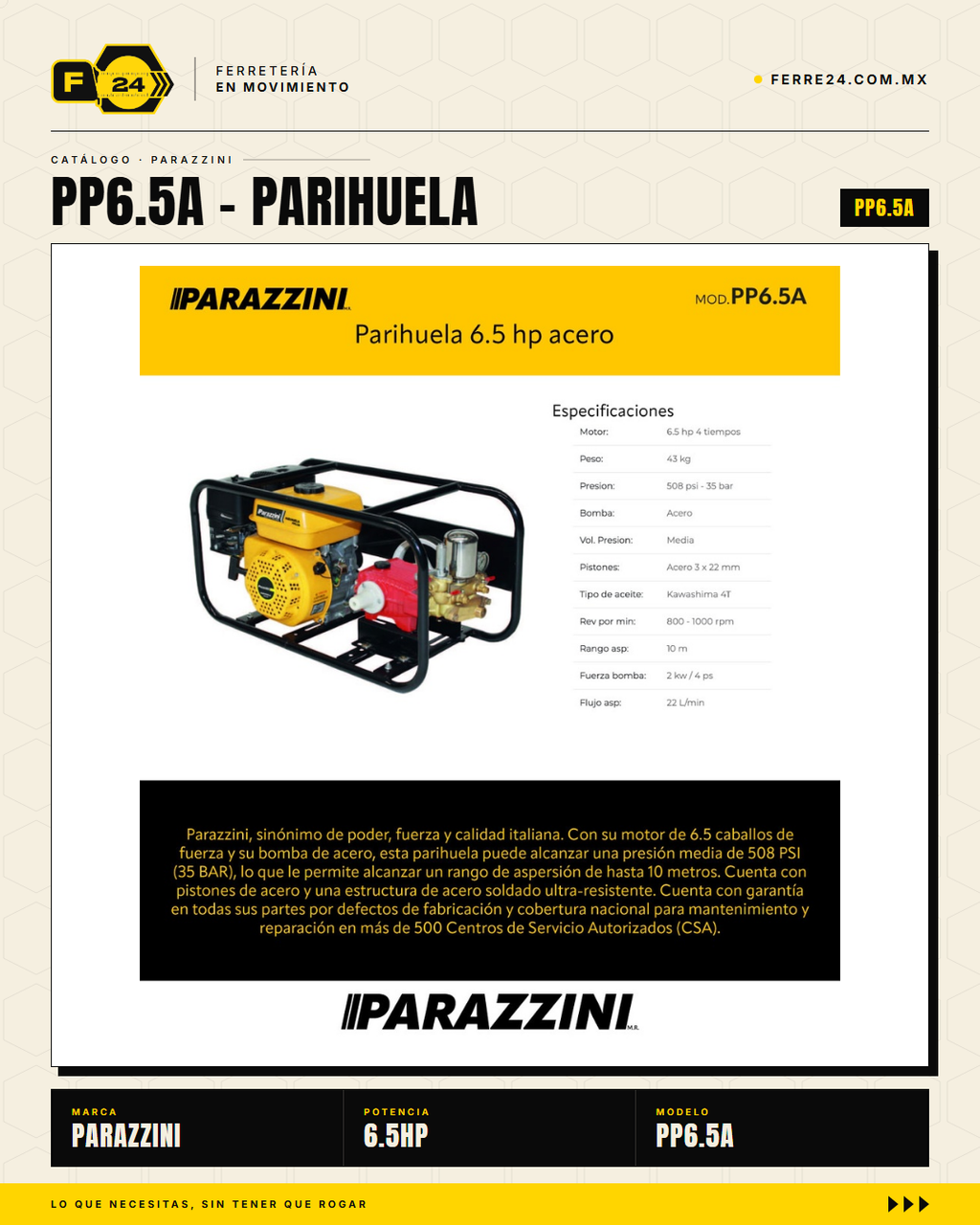 Parihuela Parazzini 6.5 HP — Motobomba a Gasolina sobre Carrito · hero_001