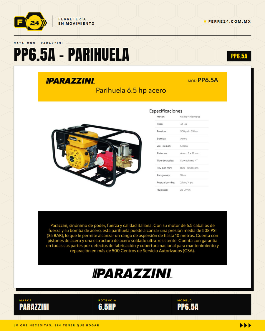 Parihuela Parazzini 6.5 HP — Motobomba a Gasolina sobre Carrito · hero_001