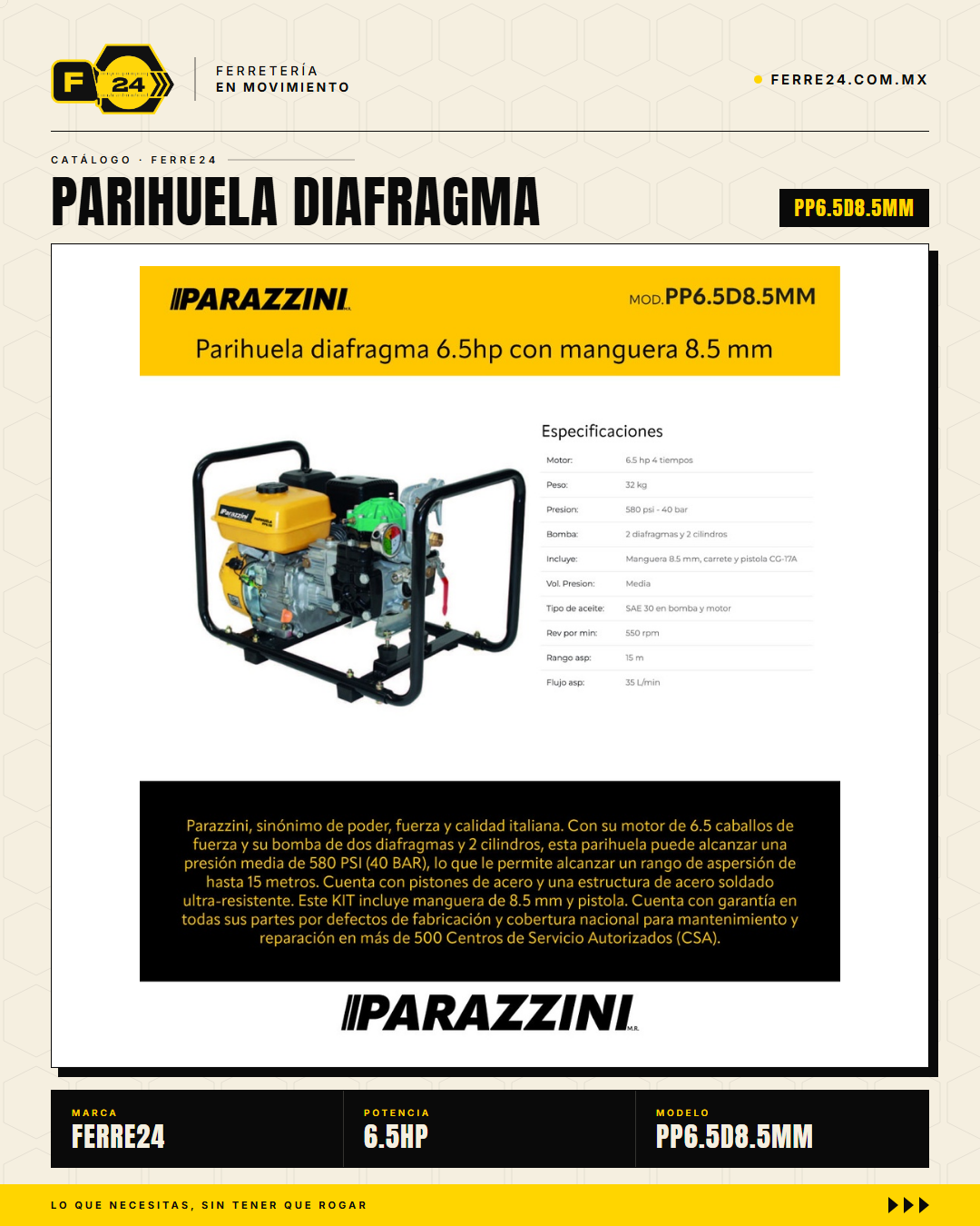 Parihuela de Diafragma 6.5 HP — 40 bar, Carrete y Pistola · hero_001