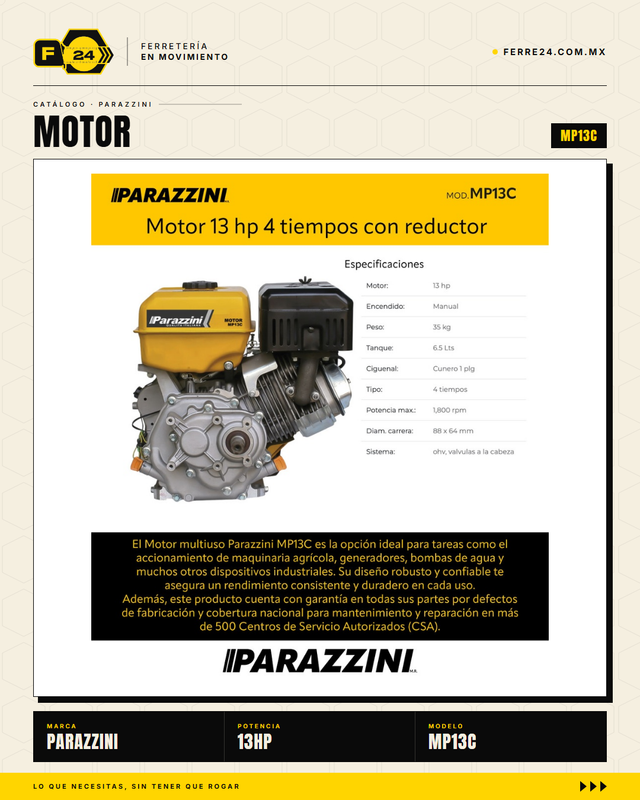 Motor Parazzini MP13C — 13 HP 4T con Caja Reductora Integrada