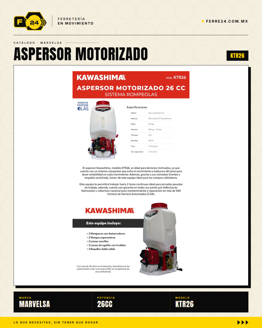 Kawashima KTR26 — Aspersor Motorizado 26 cc con Bomba Rompeolas y Tanque 22 L · hero_001