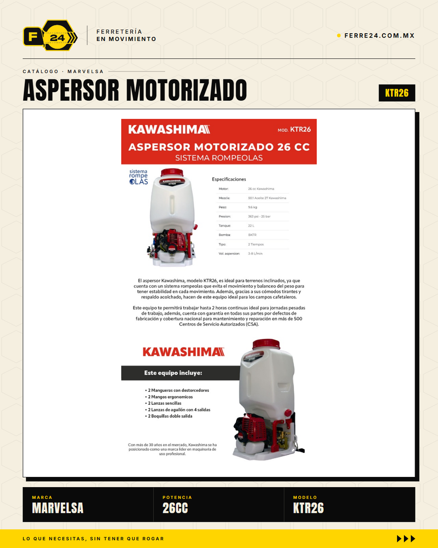 Kawashima KTR26 — Aspersor Motorizado 26 cc con Bomba Rompeolas y Tanque 22 L · hero_001