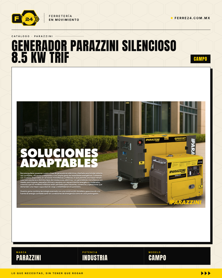 Generador Diesel Silencioso Trifásico 8.5 kW Parazzini GPDS8.5T — 72dB, Arranque Eléctrico · hero_001