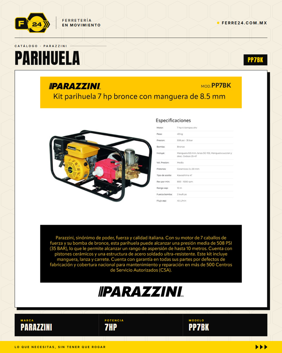 Kit Parihuela Parazzini 7 HP — Bomba Bronce + 100 m de Manguera · hero_001
