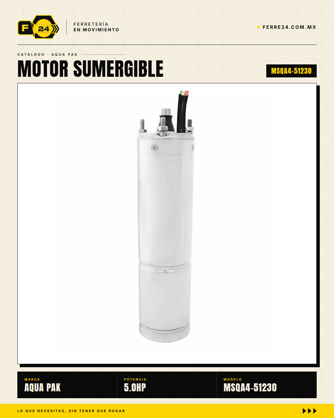 Motor Sumergible AQUA PAK MSQA4-51230 — 5 HP, 1x230 V, IP68, Acero Inox 304, Serie 4" · hero_001