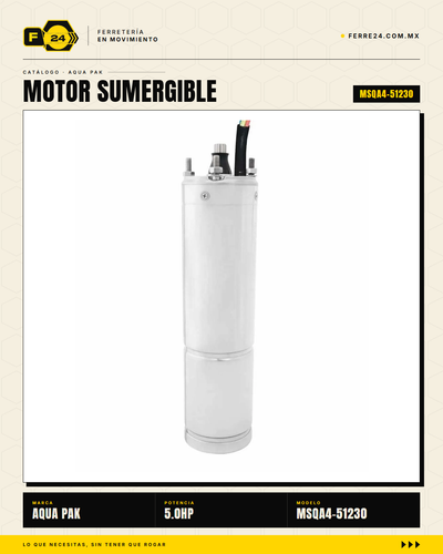 Motor Sumergible AQUA PAK MSQA4-51230 — 5 HP, 1x230 V, IP68, Acero Inox 304, Serie 4"