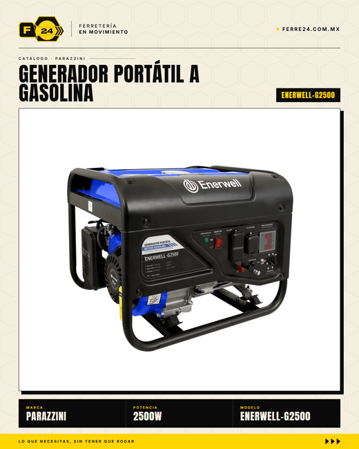 Generador Portátil 2500W ENERWELL — Motor 4T 6.5HP, 110/220V