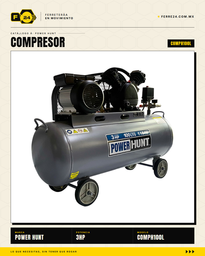 Compresor de Aire 3 HP 100 L Transmisión por Banda — Power Hunt COMPH100L