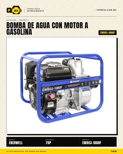 Motobomba ENERWELL 7HP Gasolina Autocebante 3x3 — 1000 GPM