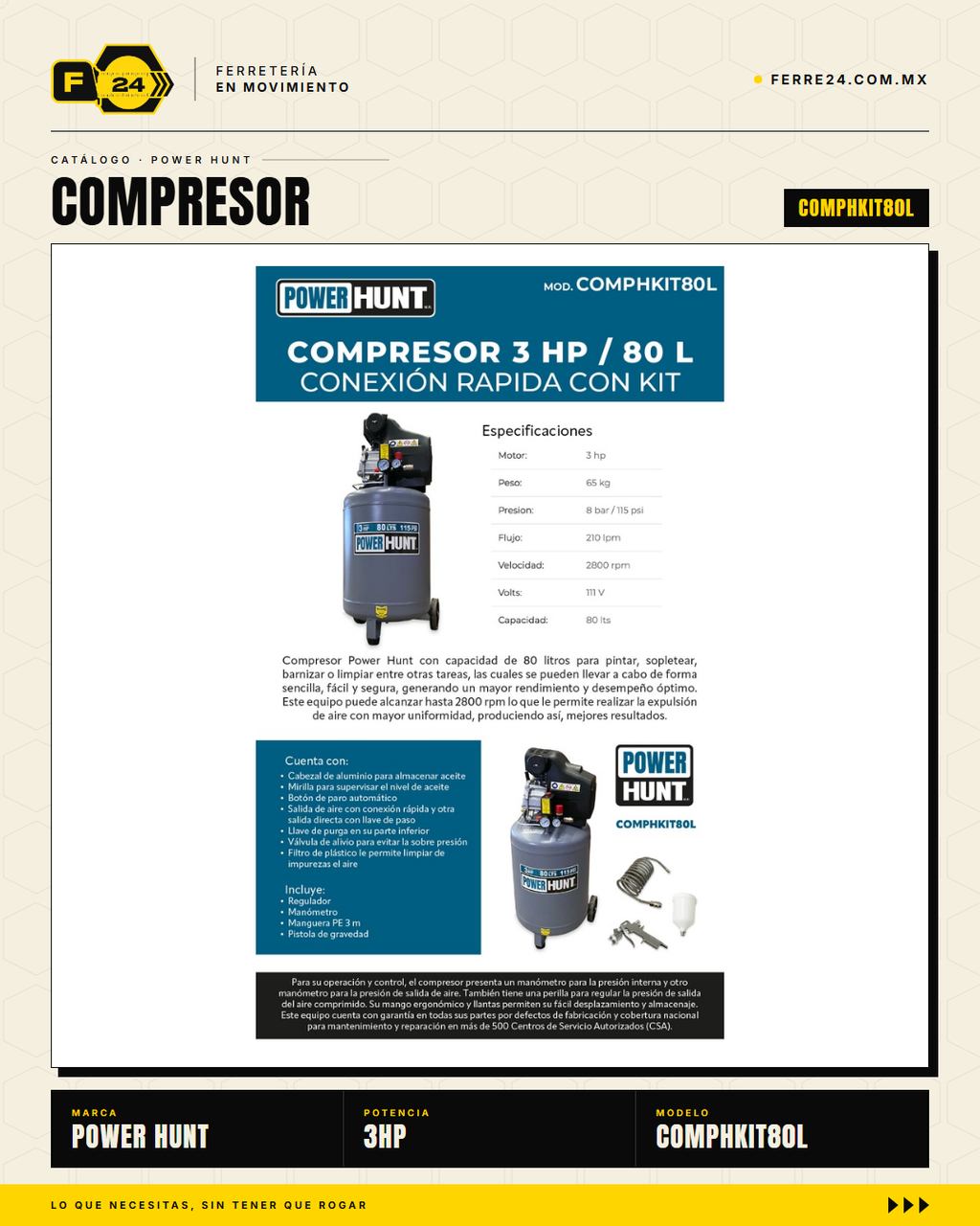 Compresor Eléctrico Power Hunt 80 L 3 HP — Doble Conexión Rápida + Kit Manguera y Pistola de Gravedad · hero_001