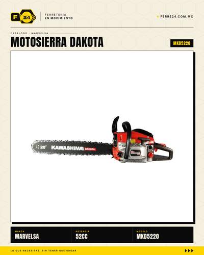 Motosierra Kawashima Dakota 52cc — Barra 20 Pulg. + Kit Completo