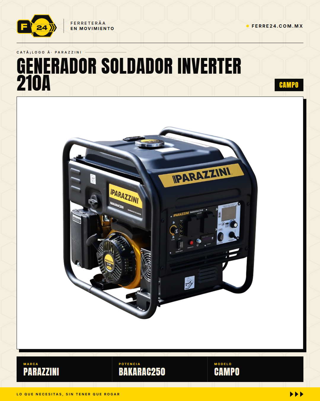 Generador Soldador Parazzini BAKARAC250 210A 5.5kW — vista principal