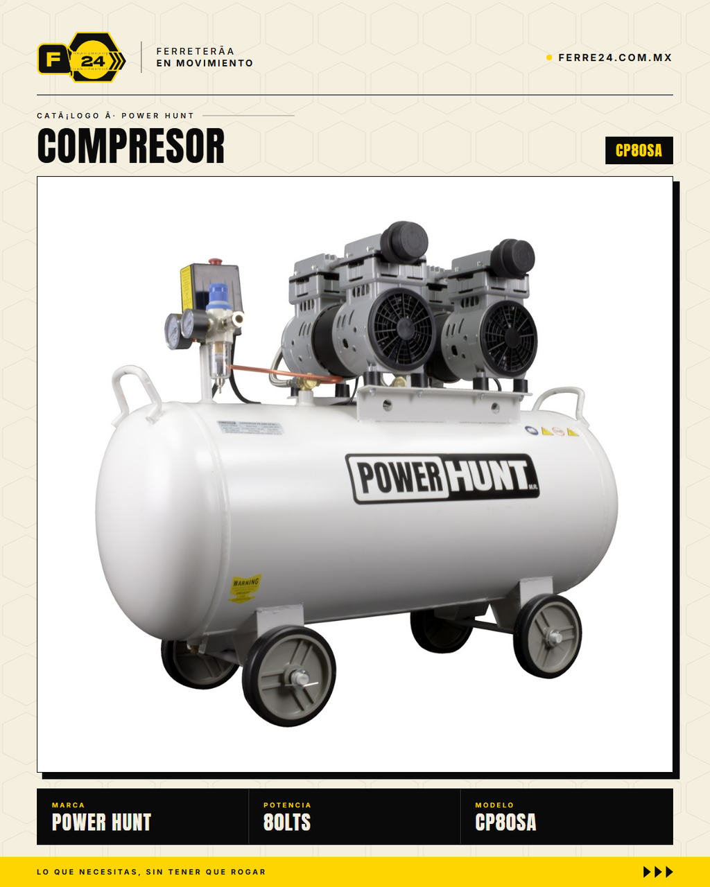 Compresor 80 L libre de aceite, doble conexión rápida. Aire limpio para pintura y neumática. Sin kit: tú usas tus accesorios. · hero_001