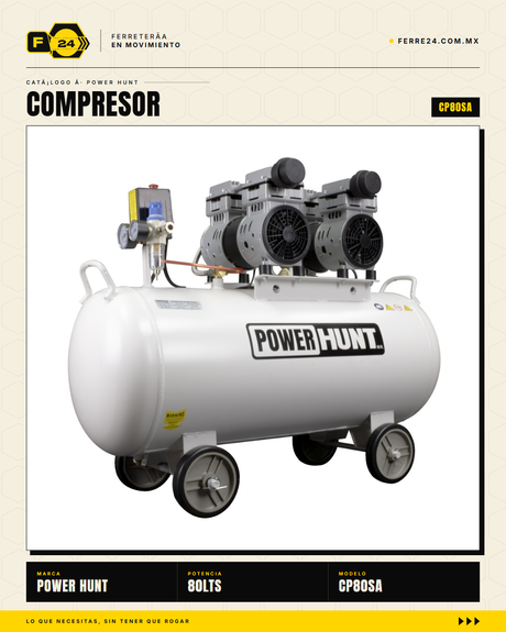 Compresor 80 L libre de aceite, doble conexión rápida. Aire limpio para pintura y neumática. Sin kit: tú usas tus accesorios.