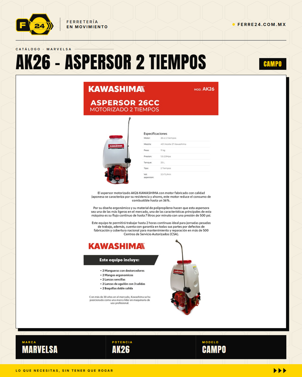 Aspersor Kawashima AK26 — Motor 2 Tiempos 26cc, Depósito 25 Litros

--- · hero_001