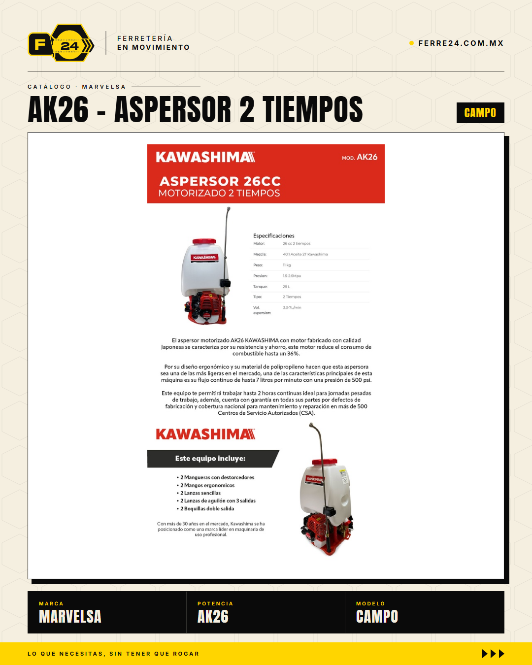 Aspersor Kawashima AK26 — Motor 2 Tiempos 26cc, Depósito 25 Litros

--- · hero_001