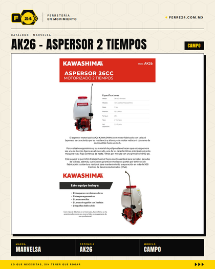 Aspersor Kawashima AK26 — Motor 2 Tiempos 26cc, Depósito 25 Litros