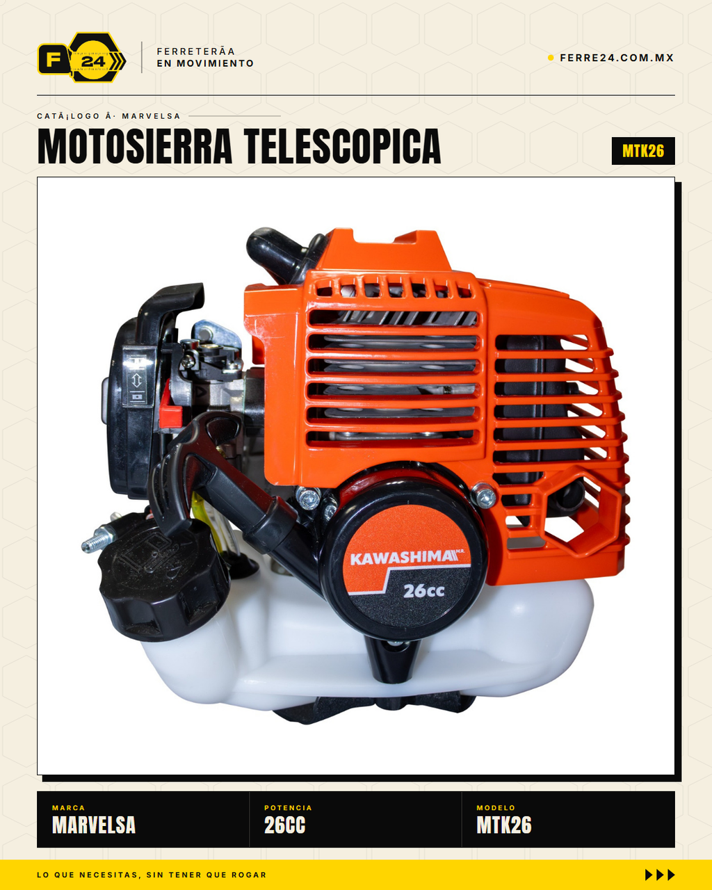 Motosierra telescópica Kawashima MTK26 26cc — alcance 4 m