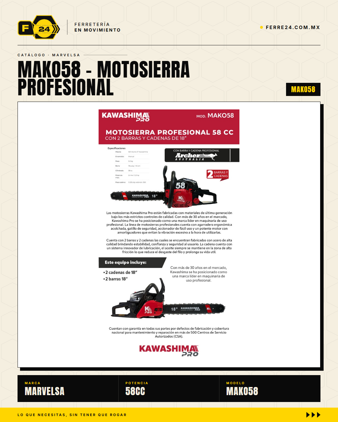 Motosierra Kawashima Pro 58 cc — Kit completo, lista para trabajar · hero_001
