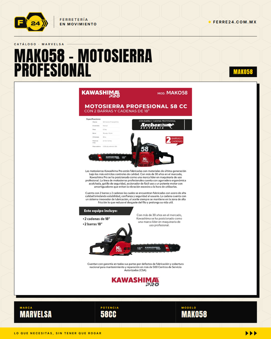 Motosierra Kawashima Pro 58 cc — Kit completo, lista para trabajar · hero_001