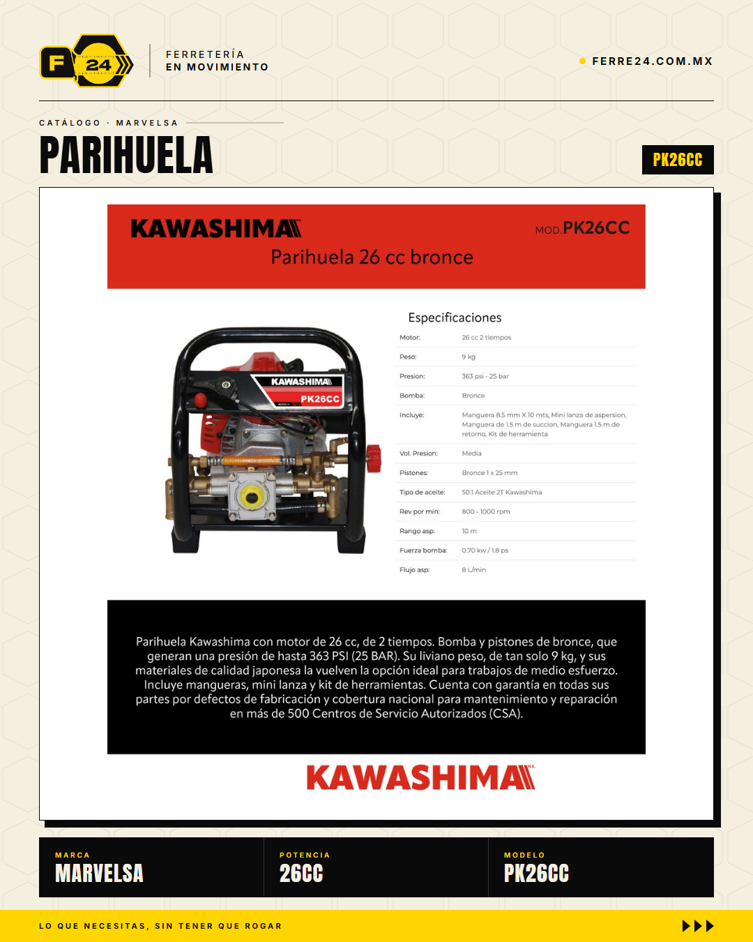 Parihuela Kawashima PK26CC — Motobomba Mochila 26 cc Bomba Bronce · hero_001