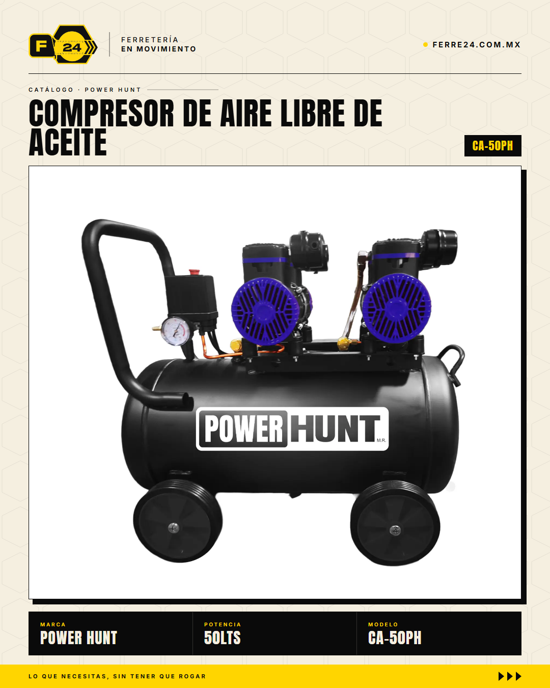 Compresor Power Hunt 50 L — Oil-Free, Doble Motor · hero_001