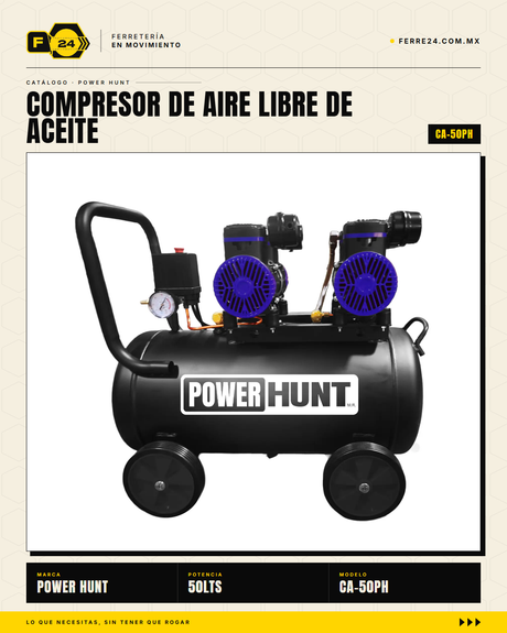 Compresor Power Hunt 50 L — Oil-Free, Doble Motor