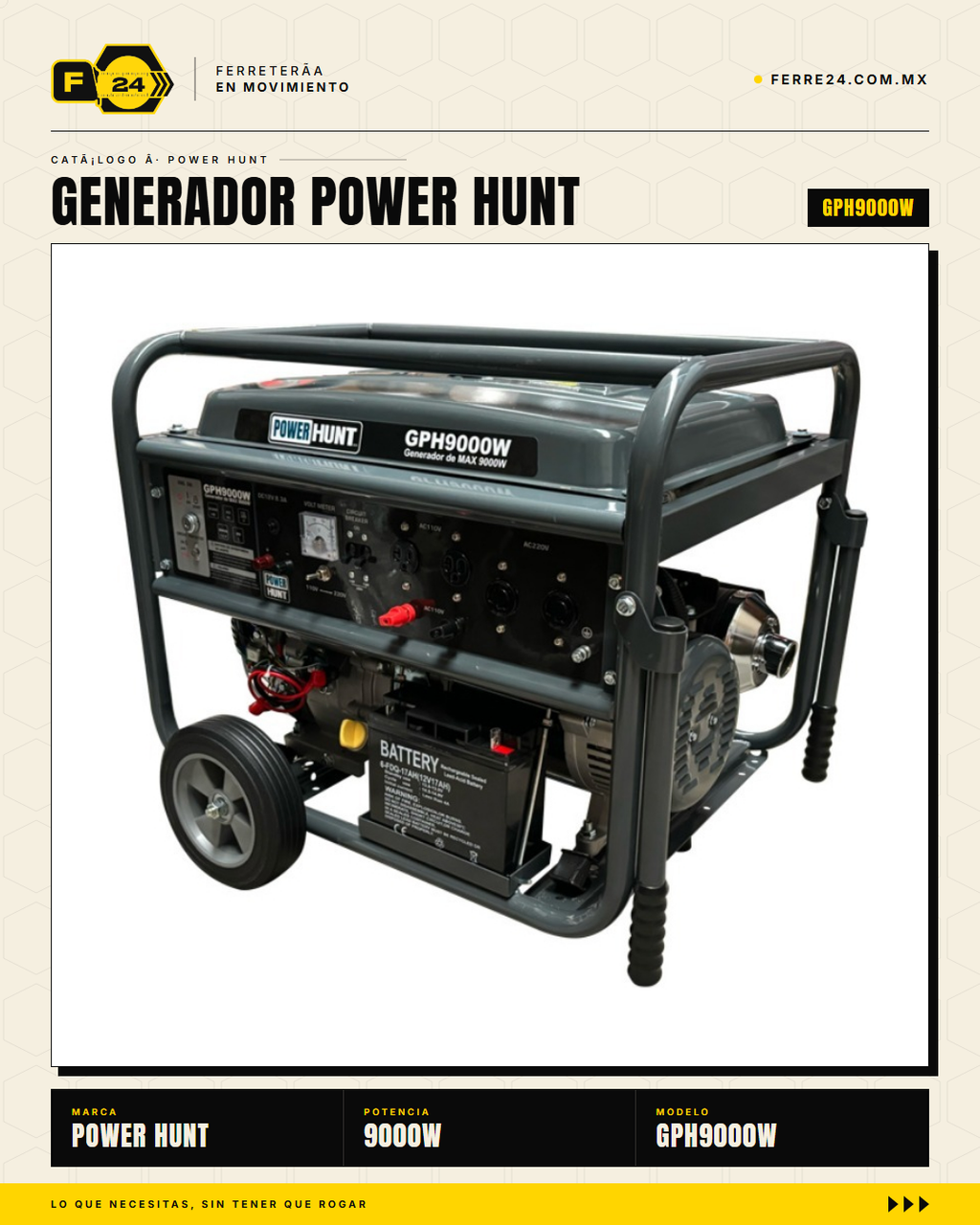 Generador Power Hunt GPH9000W 18HP — vista principal con ruedas