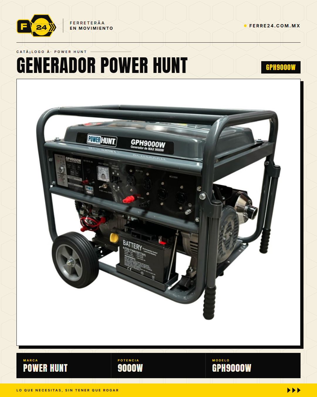 Generador Power Hunt GPH9000W 18HP — vista principal con ruedas