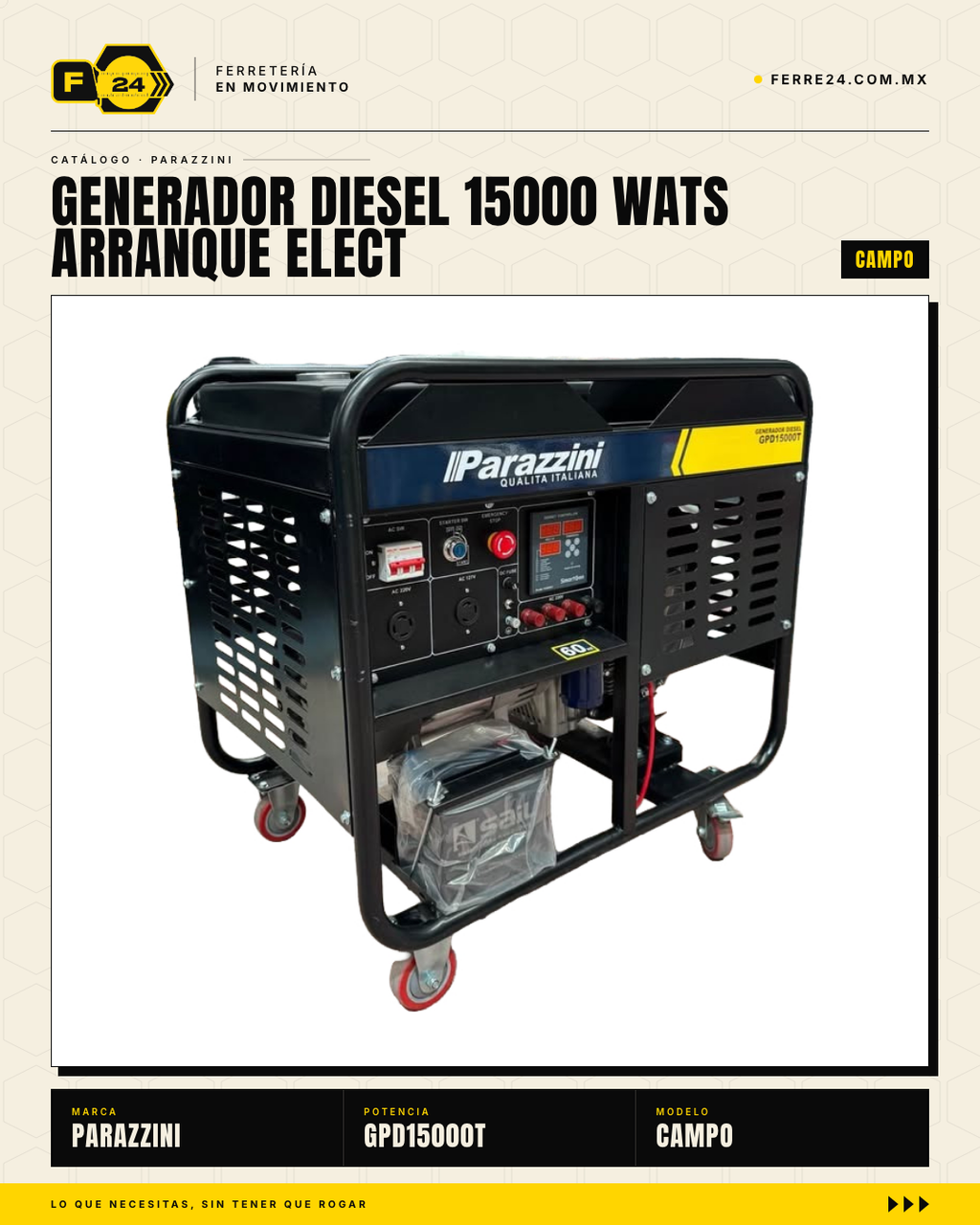 Generador Diesel Trifásico 15,000W / 18.75 kVA Arranque Eléctrico — Parazzini GPD15000T · hero_001