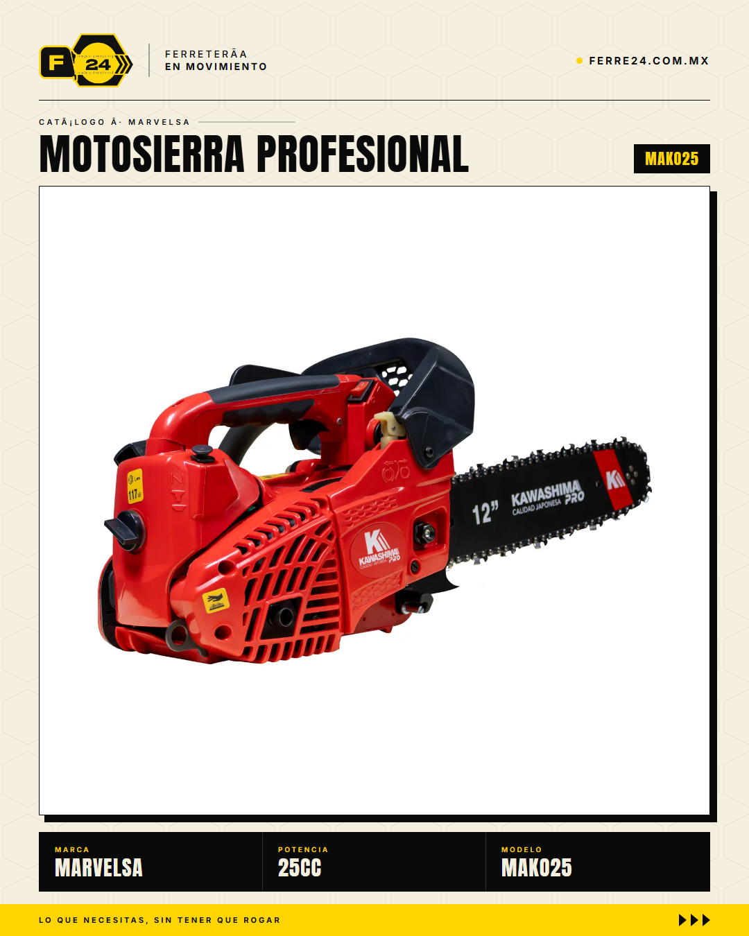 Motosierra Kawashima Pro MAKO25 25cc — vista principal con kit