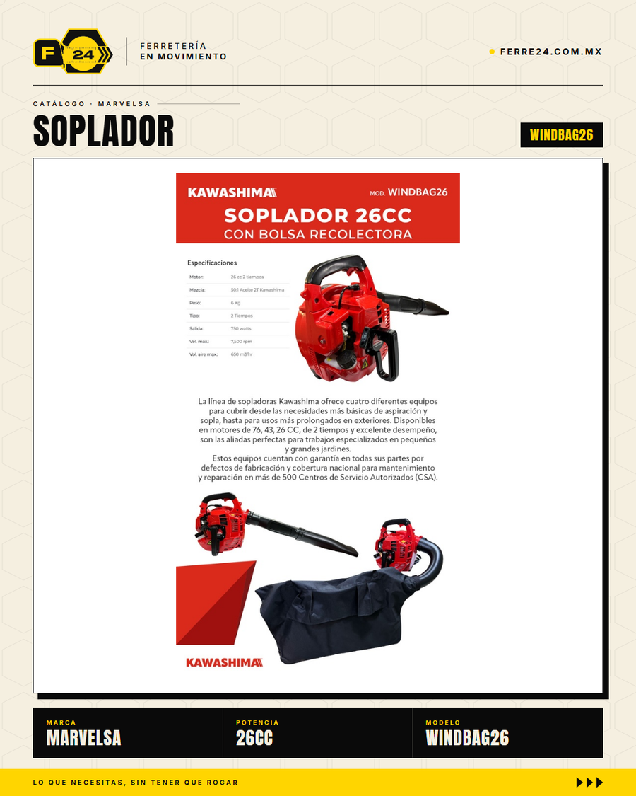 Soplador-aspirador Kawashima 26 cc con bolsa recolectora · hero_001