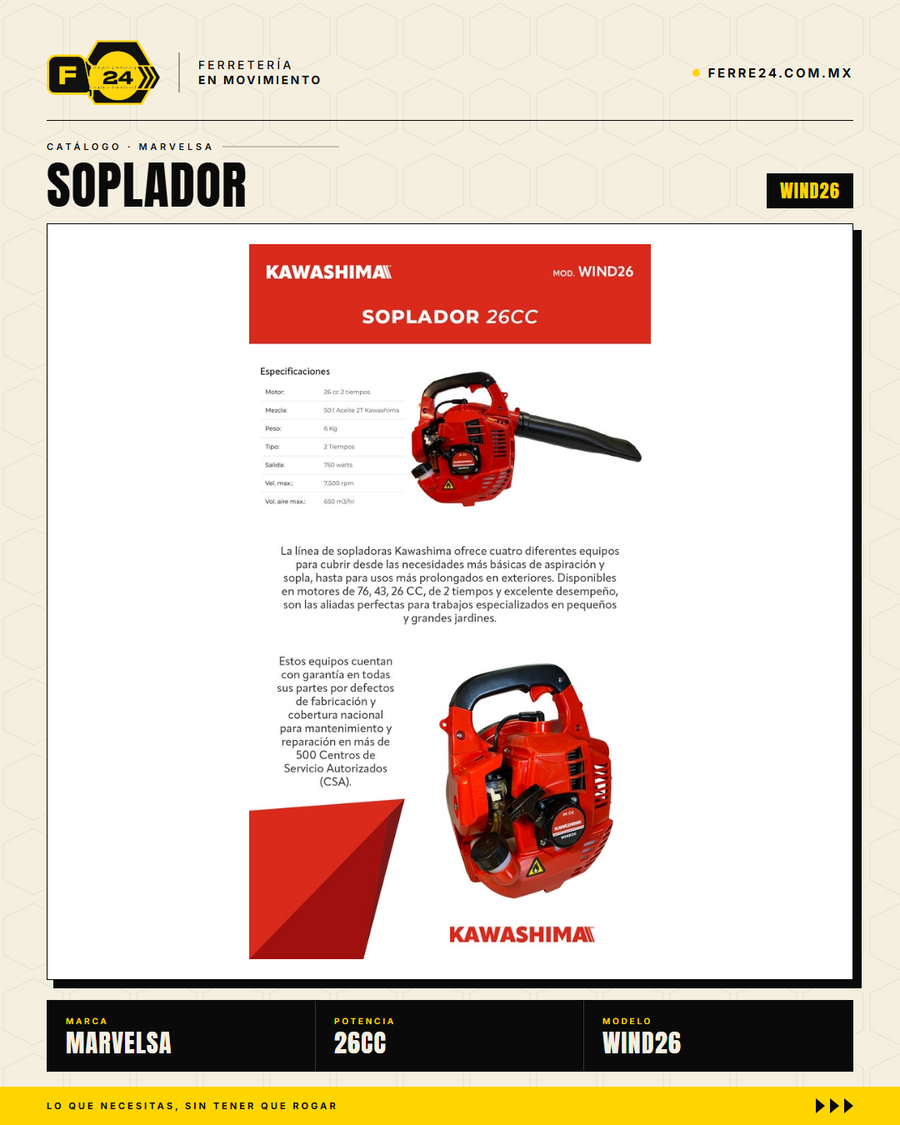 Soplador Kawashima 26 cc — Motor 2T, 650 m³/h, Encendido Manual · hero_001