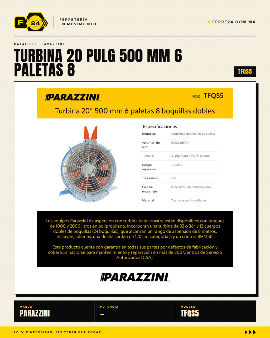 Turbina de Aspersión Parazzini TFQS5 — 20" (500 mm), 6 Paletas · hero_001