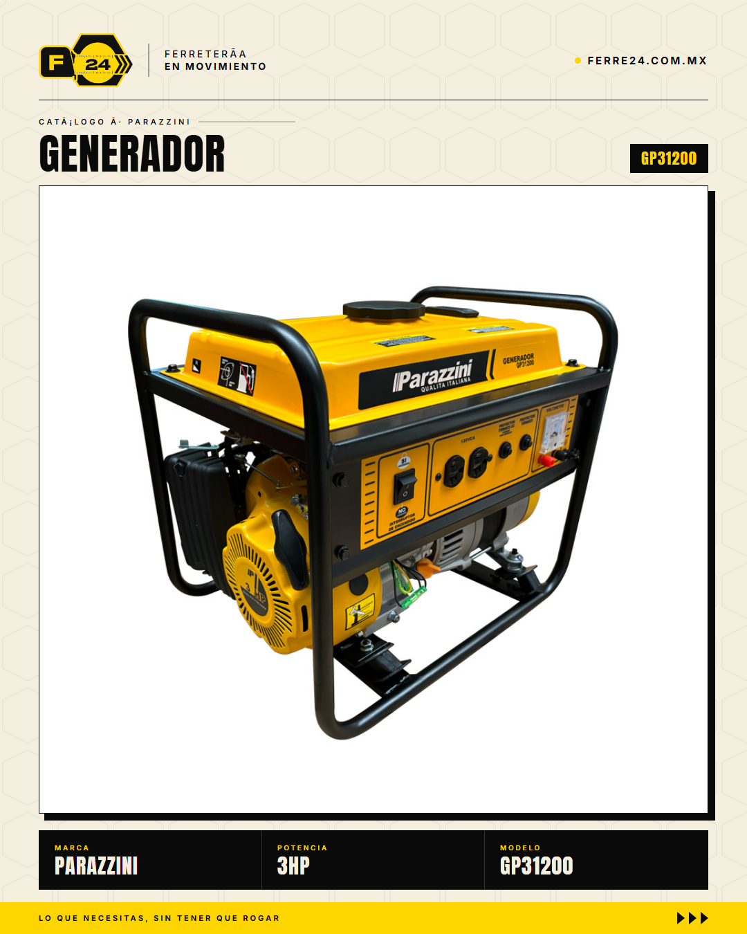 Generador portátil Parazzini GP31200: motor 3HP, 1,200W máx, tanque 6.3 L, 7 h de autonomía. Respaldo confiable para hogar, campo y emergencias desde $4,769 MXN. · hero_001