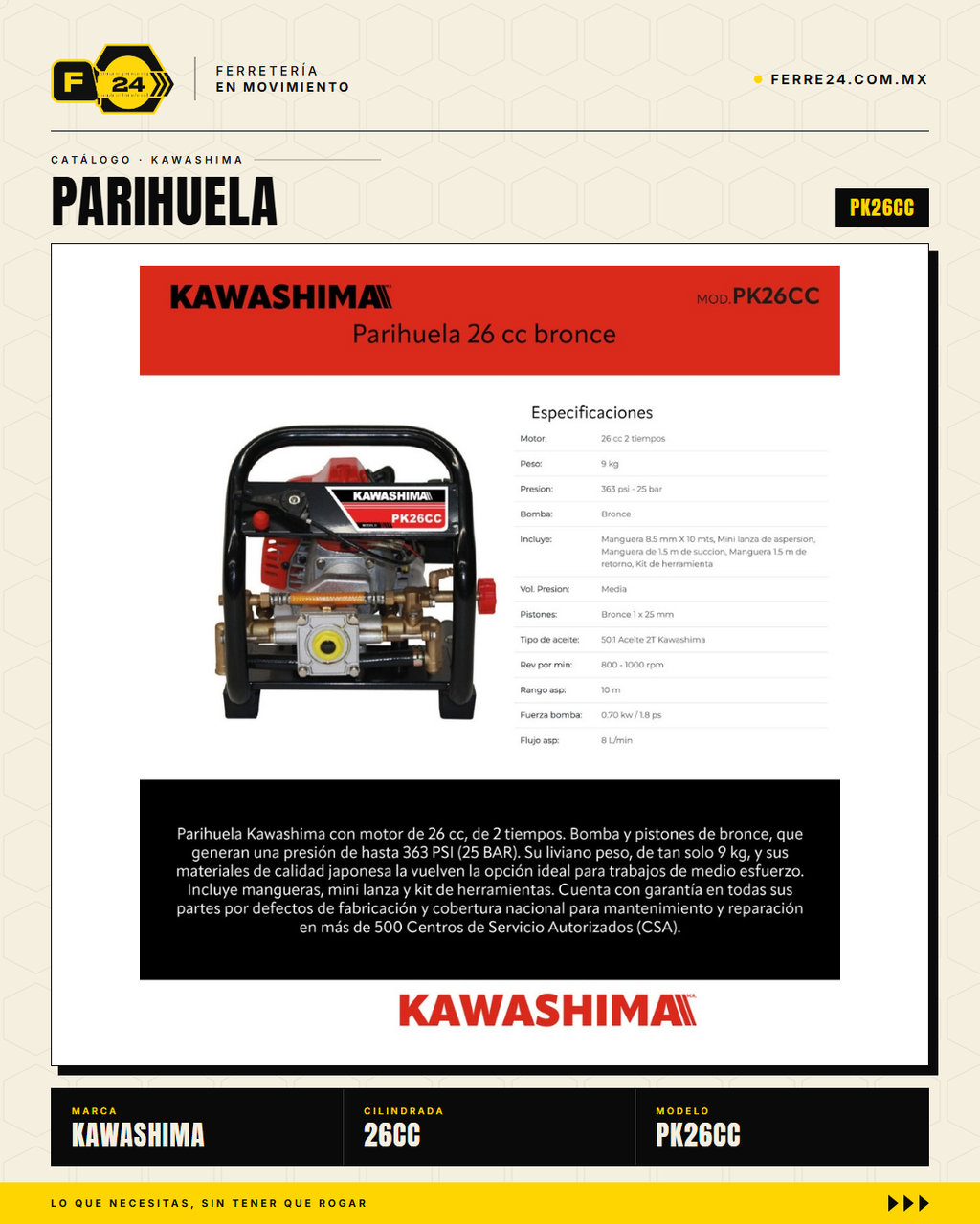 Parihuela Kawashima PK26CC — Motobomba Mochila 26 cc Bomba Bronce · hero_001